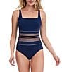Color:Navy/Gold - Image 1 - Onyx Square Neck Mesh Gold Trim One Piece Swimsuit