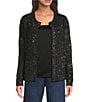 Greige Allover Sequin Crew Neck Long Sleeve Button-Front Sweater Cardigan, Color:Black - Image 1