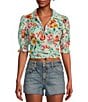 Color:Multi - Image 1 - Adele Rose Meadow Print Button Front Crop Blouse