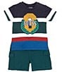 Color:Multi - Image 1 - Baby Boys 3-24 Months Short-Sleeve Embroidered Patch Striped Knit T-Shirt & Solid French Terry Shorts Set