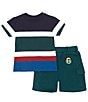 Color:Multi - Image 2 - Baby Boys 3-24 Months Short-Sleeve Embroidered Patch Striped Knit T-Shirt & Solid French Terry Shorts Set