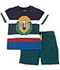 Color:Multi - Image 3 - Baby Boys 3-24 Months Short-Sleeve Embroidered Patch Striped Knit T-Shirt & Solid French Terry Shorts Set