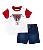 Color:Red - Image 1 - Baby Boys 3-24 Months Short Sleeve Triangle Logo Color Block T-Shirt & Denim-Look Knit Shorts Set