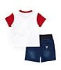 Color:Red - Image 2 - Baby Boys 3-24 Months Short Sleeve Triangle Logo Color Block T-Shirt & Denim-Look Knit Shorts Set