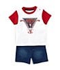 Color:Red - Image 3 - Baby Boys 3-24 Months Short Sleeve Triangle Logo Color Block T-Shirt & Denim-Look Knit Shorts Set
