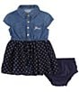 Color:Dark Navy - Image 1 - Baby Girls 3-24 Months Cap Sleeve Chambray/Dotted Chiffon Fit-And-Flare Dress