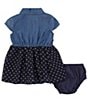 Color:Dark Navy - Image 2 - Baby Girls 3-24 Months Cap Sleeve Chambray/Dotted Chiffon Fit-And-Flare Dress