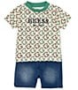 Color:Green - Image 1 - Baby Girls 3-24 Months Short-Sleeve Embroidered-Logo Printed Jersey Tee & Denim Shorts Set