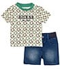 Color:Green - Image 3 - Baby Girls 3-24 Months Short-Sleeve Embroidered-Logo Printed Jersey Tee & Denim Shorts Set