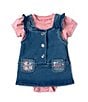 Color:Pink - Image 1 - Baby Girls 3-24 Months Sleeveless Knit Denim Dress & Short Sleeve Jersey Bodysuit Set