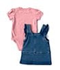 Color:Pink - Image 2 - Baby Girls 3-24 Months Sleeveless Knit Denim Dress & Short Sleeve Jersey Bodysuit Set