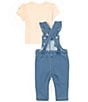 Color:Light Pink/Blue Assorted - Image 3 - Baby Girls 3-24 Months Sleeveless Knit Denim Overall & Short Sleeve Jersey Top Set