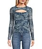 Color:Denim Toss Print - Image 1 - Brienna Printed Long Sleeve Cut-Out Top