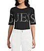 Guess Low Back #double;Guess#double; Bling Accented Short Sleeve Bodysuit, Color:Jet Black - Image 1