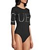 Guess Low Back #double;Guess#double; Bling Accented Short Sleeve Bodysuit, Color:Jet Black - Image 2