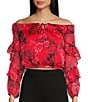 Color:Call Me Cherry Print - Image 1 - Shani Floral Print Off-The-Shoulder Long Sleeve Ruffle Crop Top