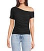 Guess Solid Asymmetrical Neckline Short Sleeve Shirred Jade Top - Image 1