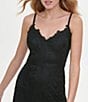 Color:Black - Image 4 - V-Neck Sleeveless Flounce Hem Floral Lace Sheath Dress