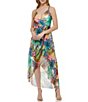 Color:Multi - Image 1 - Tropical Print V Neckline Chain Strap Faux Wrap Hi Lo Dress