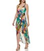 Color:Multi - Image 3 - Tropical Print V Neckline Chain Strap Faux Wrap Hi Lo Dress