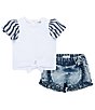 Color:White/Blue - Image 1 - Baby Girls 12-24 Months Tie-Front Puff Sleeve Top & Denim Ruffle Short 2-Piece Set