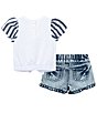 Color:White/Blue - Image 2 - Baby Girls 12-24 Months Tie-Front Puff Sleeve Top & Denim Ruffle Short 2-Piece Set
