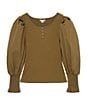 Color:Olive - Image 1 - Big Girls 7-16 Long Pleated Puff Sleeve Knit Top