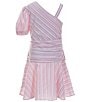 Color:Pink - Image 2 - Big Girls 7-16 One-Shoulder Striped Fit-And-Flare Dress