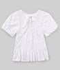Color:White - Image 2 - Big Girls 7-16 Short-Sleeve Smocked Tie Back Top