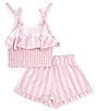 Color:Pink - Image 2 - Big Girls 8-12 Ruffle Striped Top and Shorts Set