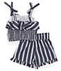 Color:Navy - Image 2 - Big Girls 8-12 Ruffle Striped Top and Shorts Set
