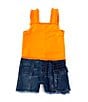 Color:Orange - Image 1 - Little Girls 2T-6 Fringe-Trimmed Tank Top & Denim Shorts Set