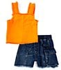 Color:Orange - Image 3 - Little Girls 2T-6 Fringe-Trimmed Tank Top & Denim Shorts Set