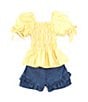 Color:Yellow - Image 1 - Little Girls 2T-6 Puffed-Sleeve Smocked Peasant Top & Ruffled Shorts Set