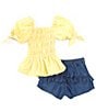 Color:Yellow - Image 2 - Little Girls 2T-6 Puffed-Sleeve Smocked Peasant Top & Ruffled Shorts Set