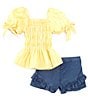 Color:Yellow - Image 3 - Little Girls 2T-6 Puffed-Sleeve Smocked Peasant Top & Ruffled Shorts Set