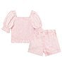 Color:Pink - Image 2 - Little Girls 2T-6X Short Puff Sleeve Smocked Stripe Top & Lace Up Front Denim Short 2-Piece Set