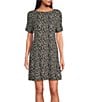 Color:Black White Print - Image 1 - Half Moon by Modern Movement Textured Print Short Sleeve Knit Lounge Dress