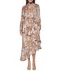 Halston Printed Smocked Neck Long Sleeve Asymmetrical Midi Dress - Image 1