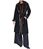 Halston Wool Blend Faux Fur Trim Notch Collar Belted Wrap Coat - Image 1
