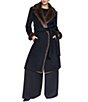 Halston Wool Blend Faux Fur Trim Notch Collar Belted Wrap Coat - Image 4