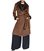Halston Wool Blend Faux Fur Trim Notch Collar Belted Wrap Coat - Image 5