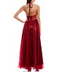 Color:Wine - Image 2 - Halter Neck Lace Bodice Illusion Back Ball Gown