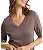 Hanro Moments Short Sleeve V-Neck Lace Trim Nightgown, Color:Stone Wash - Image 4