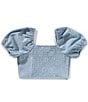 Honey & Sparkle Big Girls Puffed-Sleeve Smiley Face Print Textured Cropped Top, Color:Blue - Image 2