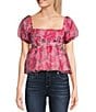 Color:Pink Fuchsia - Image 1 - Bubble Sleeve Printed Organza Baby Doll Top
