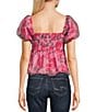Color:Pink Fuchsia - Image 2 - Bubble Sleeve Printed Organza Baby Doll Top