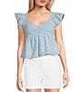 Honey & Sparkle Eyelet Printed Chiffon Smocked Butterfly Sleeve Babydoll Top, Color:Chambray - Image 1