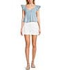 Honey & Sparkle Eyelet Printed Chiffon Smocked Butterfly Sleeve Babydoll Top, Color:Chambray - Image 3