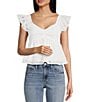 Honey & Sparkle Eyelet Printed Chiffon Smocked Butterfly Sleeve Babydoll Top, Color:White - Image 1